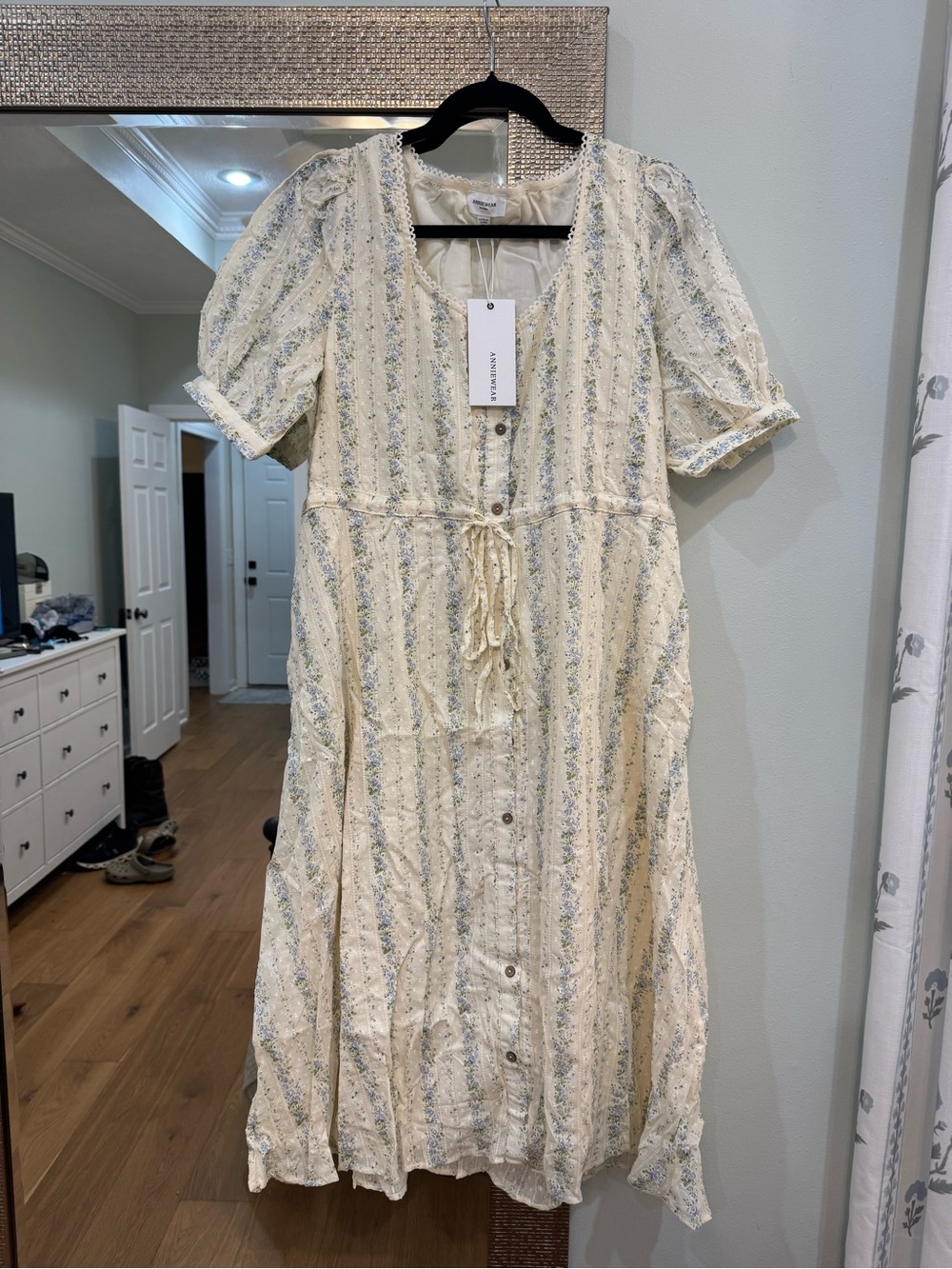 Floral Cream Button-Front Midi Dress with Drawstring Waist